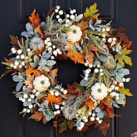 Amazon.com: Fall Wreath for Front Door, Autumn Pumpkin Wreath Halloween Wreath Thanksgiving Wreath Door Hanging Wreath Party Decoration Home Relaxed Decor Inside Outside Wreath Window Garland Yard Indoor Outdoor : Home & Kitchen Maple Leaf Wreath, Holiday Decor Halloween, Harvest Wreath, Door Wreaths Fall, Year Round Wreath, Green Wreath, Fall Door, Thanksgiving Wreaths, Pumpkin Wreath