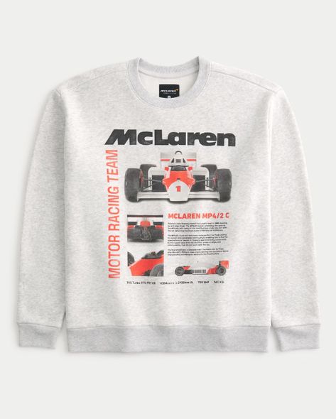 This super soft fleece sweatshirt features official licensed McLaren print graphics. Crew neckline, long sleeves. Relaxed Fit. Imported. Body: 55% Cotton, 45% Polyester Wash before wear Machine wash cold, with like colors Only non-chlorine bleach Tumble dry low Low iron on reverse side Do not dry clean Mclaren Merch, F1 Merch, Casual Menswear, Hollister Sweater, Fleece Sweatshirt, Crew Sweatshirts, Low Iron, Graphic Crewneck Sweatshirt, Music Playlist