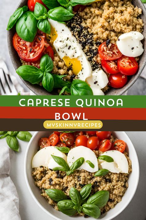 Delicious and nutritious Caprese Quinoa Bowl recipe! Packed with cherry tomatoes, fresh mozzarella, and basil, this vibrant dish is tossed in a tangy balsamic dressing. Perfect for a quick and satisfying meal! #myskinnyrecipes #quinoabowl #capresesalad #healthyrecipes Caprese Bowl, Caprese Quinoa, Quinoa Breakfast Bowl, Quinoa Breakfast, Tomato Mozzarella, Quinoa Bowl, Tossed Salad, Balsamic Dressing, Vegetable Broth