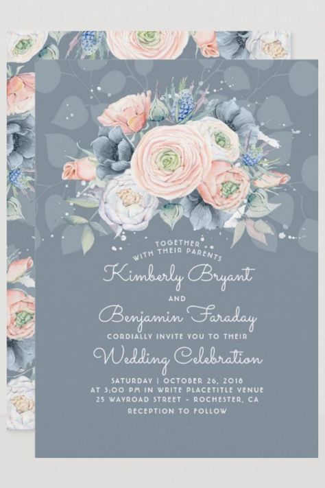 Dusty blue, peach and dusty rose (pink) floral wedding invitation. The unique dreamy watercolors palette: rose quartz with its soft pinks and peach shades and such an elegant pastel blue. The amazing hues, gorgeous flowers, sweet typography invitation. (Affiliate link) Peach Shades, Typography Invitation, Peach Wedding Invitations, Burgundy Wedding Invitations, Elegant Wedding Invitation, Peach Wedding, Watercolor Palette, Blue Peach, Burgundy Wedding