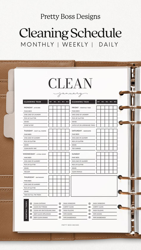 Text with open A5 binder showing cleaning schedule checklist. Monthly Cleaning Checklist, Monthly Cleaning Schedule, Cleaning Schedule Printable, House Cleaning Checklist, Daily Cleaning, A5 Planner, Cleaning Dishes, Cleaning Schedule, Cleaning Checklist