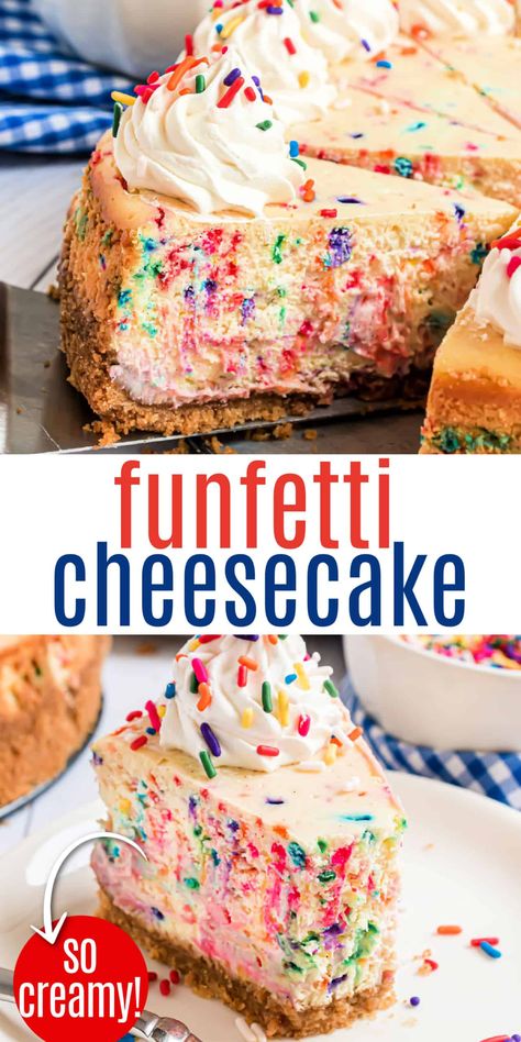 Funfetti Cheesecake is a sweet baked cheesecake, packed with sprinkles and vanilla flavor. You'll love the burst of color, which can be customized for any occasion! Flavors Of Cheesecake, Easter Flavor Cakes, Funfetti Cheesecake Cake, Colored Cheesecake, Confetti Cheesecake, Buttermints Recipe, Cake Batter Cheesecake, Unique Cheesecake Recipes, Fruity Pebble Cheesecake