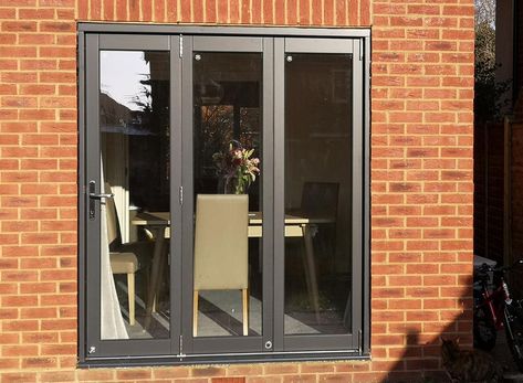 Vufold gallery - Closed Master 1.8M Grey External Bifold Doors Bifold Doors Onto Patio, External Bifold Doors, Wooden Bifold Doors, Bifolding Doors, Old French Doors, Garage Conversion, Room Window, Small Doors, External Doors