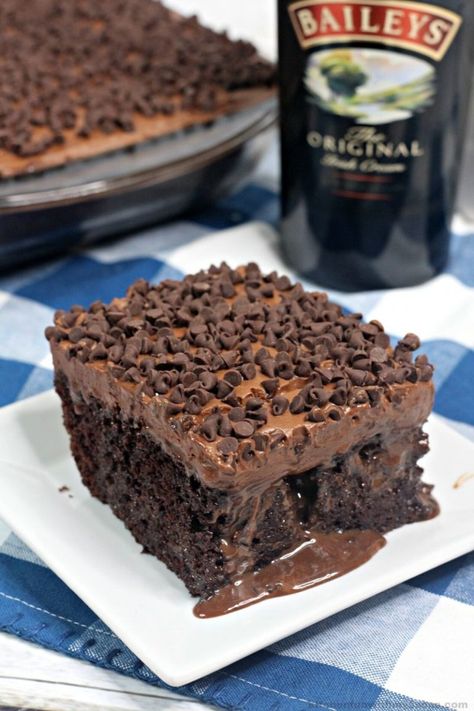 Chocolate Baileys Poke Cake - Kitchen Fun With My 3 Sons Irish Cream Poke Cake, Baileys Poke Cake, Baileys Dessert, Cream Poke Cake, Baileys Cake, Chocolate Baileys, Baileys Recipes, Chocolate Poke Cake, Boozy Desserts