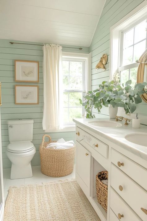 25 Genius Tiny Bathroom Ideas For Your Makeover 36 Bathroom Inspo Wall Color, Cute Bathroom Makeover, Light Green Small Bathroom, Guest Bathroom Renovation Ideas, Coastal Style Bathroom Ideas, Small Lake House Bathroom Ideas, Sea Foam Bathroom Ideas, Bright And Airy Bathroom, Cottagecore Half Bathroom