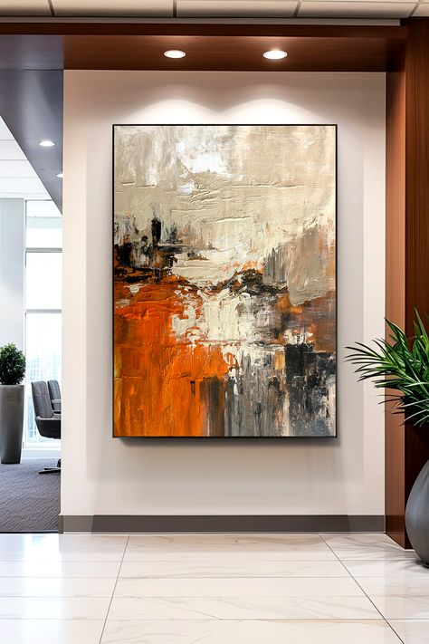 Original handmade abstract landscape painting with orange, brown, and grey tones on canvas Handmade Canvas Art, Orange Painting, Modern Abstract Wall Art, Art Impressions, Abstract Landscape Painting, White Wall Art, Textured Wall Art, Abstract Canvas Art, Unique Wall Art