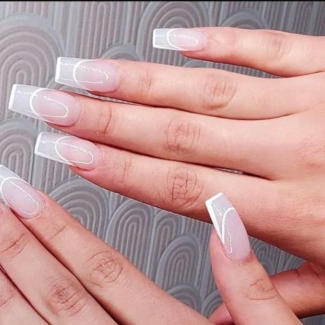 Gloss Nail Bar┃Nail Salon on Instagram: "Throwing it back with square nails and outline french tips ✨ 💅 @kat_nguyen_87 🖥️ Book online at www.glossnail.bar 🤳 Call/Text (281) 974-2828 👍 Walk-Ins Welcome depending on availability at that time . . . #outlinefrenchtipnails #gelnaildesigns #squarenails #houstonnailsalons #houstonnailtechs #acrylicnails #dippowdernails #trendynaildesigns #summernails" Hollow French Tip Nails, White Outline French Tip Nails, French Tip Outline Nails, Outlined French Tip Nails, French Outline Nails, Outline Nails, Long Acrylic Nail Designs, Throwing It Back, French Nail Designs