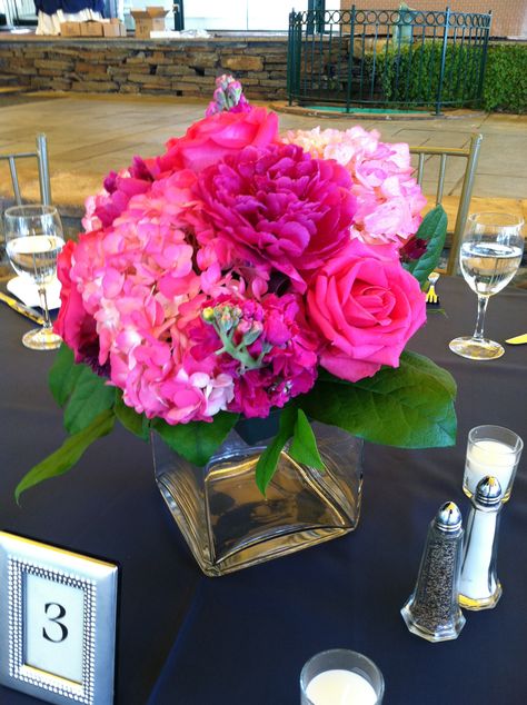 Glen Foerd Mansion in Philadelphia.  Pink peony, hot pink ravel roses, fuschia stock and pink hydrangea set on a 6x6 cube vase.  Great centerpiece for an early spring wedding. 50 Hot Pink Light Pink And Gold Party, Hot Pink Hydrangea Centerpiece, Hot Pink Table Decorations, Hot Pink Centerpieces Birthday, Fuschia Centerpieces, Fuschia Hydrangea, Hot Pink Flower Arrangements, Fuschia Decor, Pink Hydrangea Centerpieces