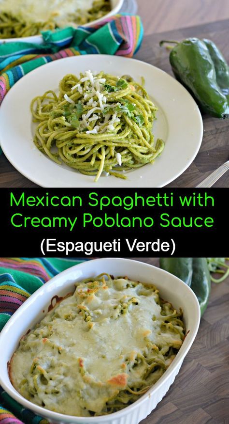 My Latina Table - Recipes, Mexican Green Spaghetti Recipe, Green Spaghetti Recipe, Green Pasta Recipe, Mexican Pasta Recipes, Fideo Recipe, Mexican Spaghetti, Poblano Sauce, Mexican Pasta