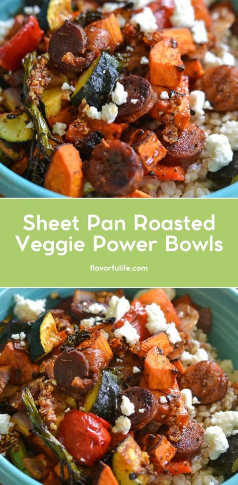 Enjoy sheet pan roasted vegetables and chicken sausage for the best week night dinner. This healthy recipe for a roasted veggie power bowl topped with feta cheese for extra flavor. Fall Vegetable Sheet Pan Recipes, Sausage And Veggies Crockpot, Fall Sheet Pan Veggies, Roasted Vegetable Bowls Healthy, Sausage And Roasted Vegetables, Roasted Vegetables With Feta, Roasted Veggie Rice Bowl, Vegetable Sheet Pan Recipes, Veggie Power Bowls