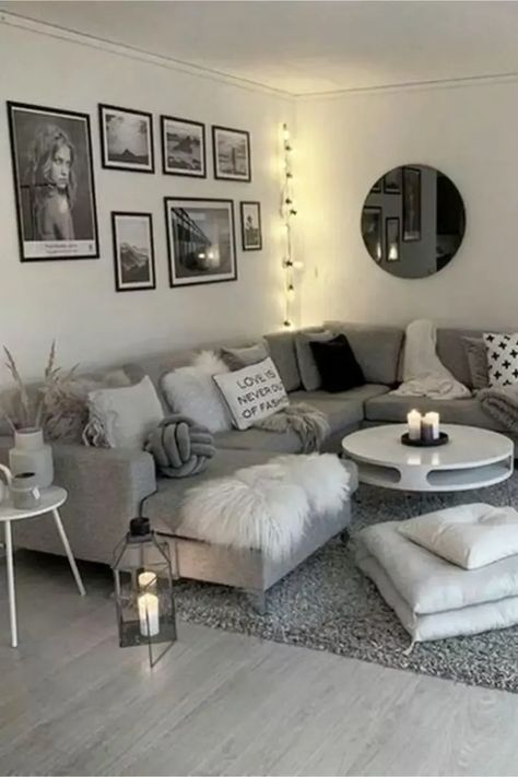 Grey Small Couch Living Room, Living Room Aesthetics Grey Couch, Apartment Living Room Decor Gray Couch, Gray Living Room Ideas Apartments, Apartment Decorating Gray Couch, Gray And White Themed House, Smart Living Room Ideas, Small Grey Living Room Ideas, Couples Living Room Decor Apartment