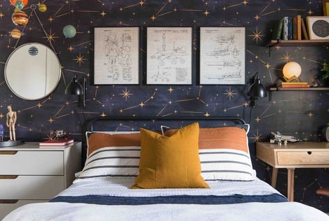 Elio Room, Constellation Wall, Night Sky Wallpaper, Green Planet, Kids Interior Room, Dyi Projects, Space Room, Kids Room Wallpaper, Cleaning Walls