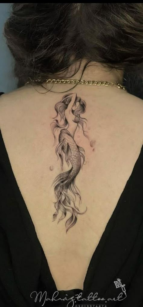 Mermaid Spine Tattoo, Arya Tattoo, Minimalist Mermaid Tattoo, Ariel Tattoo, Mermaid Tattoo, Back Tattoo Women, Disney Princess Wallpaper, Piercing Tattoo, Lower Back Tattoos