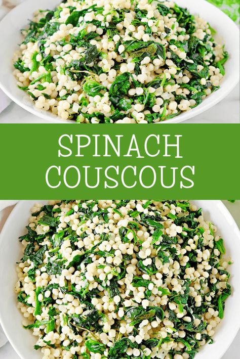 Spinach Couscous ~ An easy and budget-friendly Mediterranean-inspired dish that blends hearty pearl couscous with savory spinach. Spinach And Couscous Recipes, Pearl Couscous Recipes Side Dishes, Couscous Recipes Pearl, Pearled Couscous Recipes, Spinach Couscous, Sardine Recipe, Mediterranean Vegetarian Recipes, Pearl Couscous Recipes, Greek Spinach Pie