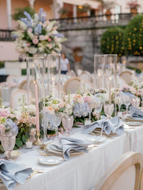 White Chic Wedding, Blue And Blush Wedding Decorations, Long Table Setup Wedding, Elegant Pastel Wedding, Pastel Table Decor Wedding, Pastel Colour Wedding Theme, Pale Blue And Blush Wedding, Spring Wedding Garden, Garden Romance Wedding