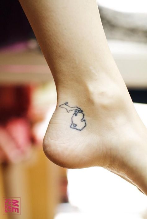 Love it! I have this tattoo on the same foot (just on the other side) and the heart is at the top of Michigan on the left side (by Traverse City on the map) Michigan Tattoo, Michigan Tattoos, Makeover Before And After, 1 Tattoo, Pure Michigan, Small Tattoo, Trendy Home, Skin Art, Home Is Where