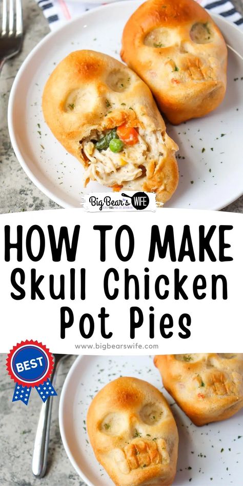 Crescent roll dough filled with an easy chicken pot pie filling, baked in a skull shaped pan makes the perfect dinner for Halloween! Skull Chicken Pot Pies are a perfect spooky addition to the dinner table. via @bigbearswife Skull Chicken Pot Pie, Halloween Chicken Parm Sliders, Skull Bread Recipe, What To Make In Skull Pan, Halloween Dishes Food Dinners, Skull Cast Iron Pan Recipes, Spooky Chicken Pot Pie, Buffalo Chicken Skulls, Skull Pan Ideas