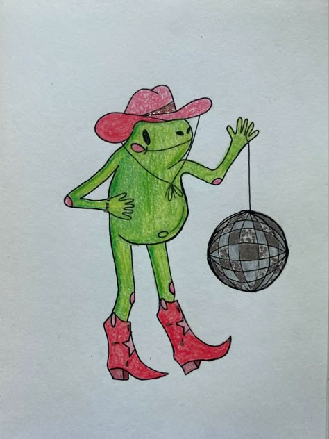 Disco Ball Cowboy Boots, Disco Aesthetic Drawing, Frogs With Hats Drawing, Frog In Cowboy Boots, Cool Frog Drawing, Frog In Cowboy Hat Tattoo, Cute Cowboy Drawing, Cowboy Aesthetic Drawing, Cowboy Animals Drawing