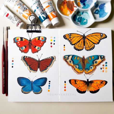 How To Paint Butterflies Acrylic, Painted Butterflies, Butterfly Illustration Art, Monarch Butterfly Art, Posca Butterfly, Butterfly Sketchbook Pages, Gouache Butterflies, Karner Blue Butterfly, Gouache Butterfly