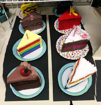 The Helpful Art Teacher: Food Art Sculptures: Innovative Dessert Designs Sweet Treats Art Project, Paper Mache Cake Slice, Paper Mache Food Sculpture, Elementary Sculpture Projects, Dessert Sculpture, Paper Mache Cake, Cake Sculptures, Wayne Thiebaud Cakes, Paper Flowers Making