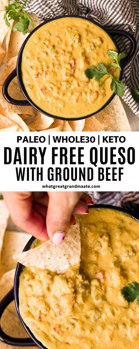 Queso Dip With Ground Beef, Ground Beef Paleo, Dip With Ground Beef, Dairy Free Queso, Dairy Free Keto Recipes, Paleo Appetizers, Whole30 Keto, Dairy Free Cheese, Queso Dip