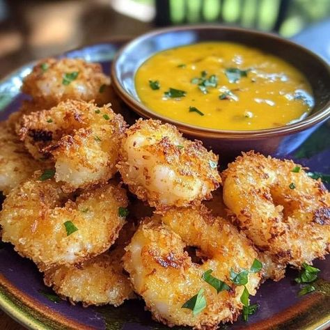 Marion Grasby | Coconut-Crusted Shrimp with Spicy Mango Dipping Sauce | Facebook Mango Dipping Sauce, Crusted Shrimp, Marion Grasby, Large Shrimp, Party Snacks, Dipping Sauce, Seafood, Mango, Coconut