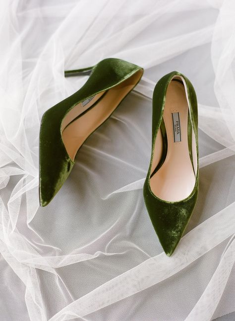 Olive-green velvet made these classically-shaped Prada heels one of a kind. Greg Finck, Fall Wedding Shoes, Bohemian Style Gown, Summer Wedding Shoes, Beautiful Wedding Shoes, Perfect Wedding Shoes, Dr Shoes, Tshirt Quilt, Nontraditional Wedding