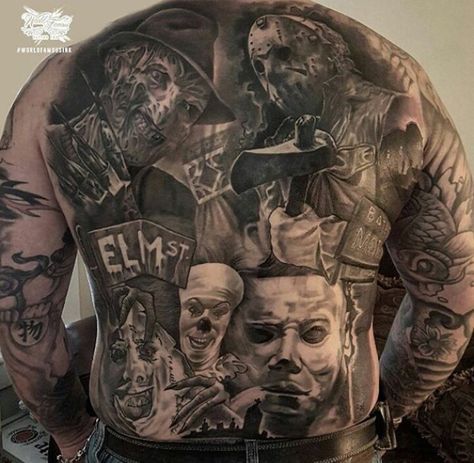 Scary movie tattoo on back Movie Character Tattoos, Tattoos Horror, Tattoo Ideas For Guys, Horror Movie Tattoos, Backpiece Tattoo, Monster Horror, Evil Tattoos, Clown Tattoo, Movie Tattoo