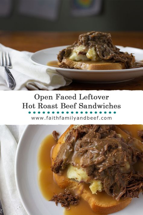 Open Faced Leftover Hot Roast Beef Sandwiches - a simple yet delish way to use up leftover pot roast. Open Face Beef Sandwich, Leftover Braised Beef Recipes, Open Faced Roast Beef Sandwich Crockpot, Open Face Roast Beef Sandwich, Roast Beef Leftovers Ideas, Leftover Roast Recipes, Open Faced Roast Beef Sandwich, Gf Lunch, Roast Beef Salad