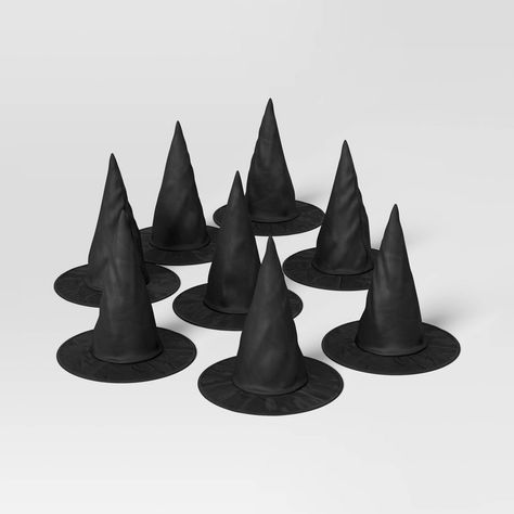 Give your Halloween display a bewitching look with this 8-Count Witch Hats Halloween Decor Kit from Hyde & EEK! Boutique™. This Halloween decor kit is a collection of eight pointed witch hats made of fabric in solid black. Offering endless decorating possibilities, you can use these classic hats to cast a magical spell over your entire house - hang them from the ceiling with invisible string, place them on your mantelpiece or bookshelf, arrange them along your staircase, or use them as centerpie Black Witch Hat Decor, Five Below Halloween Decor, Witch Halloween Party Decorations, Pretty Halloween Decorations, Floating Witch, Witch Halloween Decor, Chic Halloween Decor, Gothic Party, Witches Hats