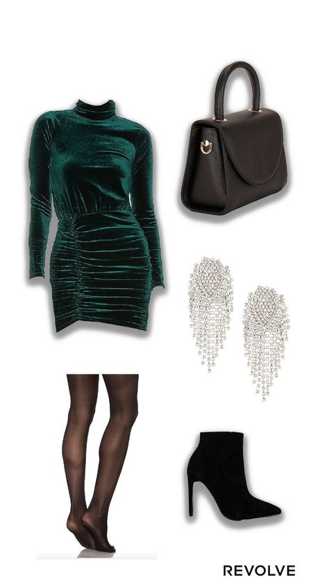 Green Velvet Dress Outfit, Cute Christmas Dresses, Christmas Dress Ideas, Pretty Christmas Dresses, Dress With Black Boots, Velvet Green Dress, Dress With Ankle Boots, Velvet Dresses Outfit, Emerald Green Velvet Dress