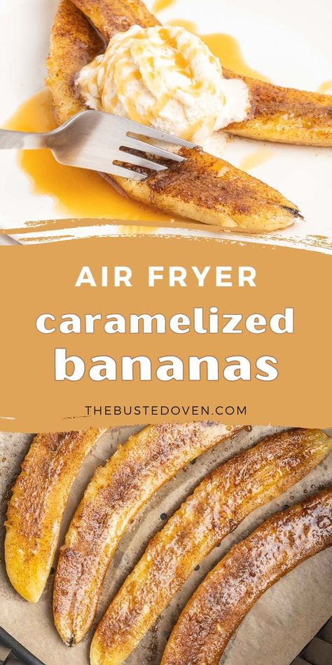 Air fryer bananas with a sweet, brown sugar caramel make a delicious and decadent dessert. Caramelized bananas are soft and warm with just a slight crunch from the caramelized sugar. Banana In Air Fryer, Air Fryer Banana Recipes, Banana Air Fryer Recipes, Air Fry Banana, Air Fried Bananas, Air Fryer Bananas, Air Fryer Banana, Brown Sugar Caramel, Air Fryer Dessert