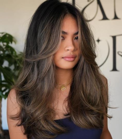 Long Thick Haircut with Butterfly Layers Long Layered Volume Haircut, Long Thick Haircut, Wolf Cut Long Vs Butterfly Cut, Medium Butterfly Haircut, Thick Haircut, Volume Haircut, Butterfly Layers, Medium Shaggy Hairstyles, Long Sleek Hair