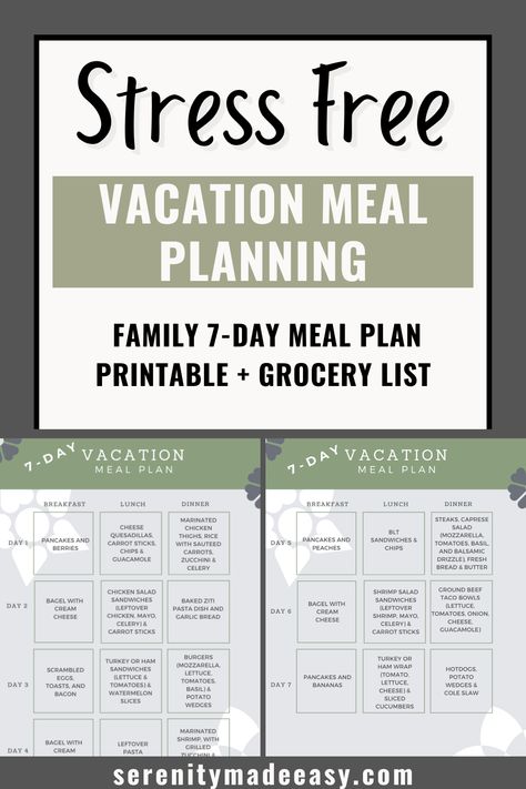 I love vacations, but I don't like eating out 3 times per day for an entire week. However, I also don't want to slave in the kitchen during my entire vacation. Therefore I love vacation meal planning. I create these easy family-friendly meal plans and voila! This article will give you a 7-day family vacation meal plan with included grocery list. Enjoy! Family Vacation Food Ideas, Multi Family Vacation Meal Planning, Vacation Grocery List Food, Meals To Make On Vacation Families, Cooking On Vacation Meal Planning, Easy Vacation Meals Dinners, Cabin Vacation Meal Planning, Vacation Menu Ideas, Easy Meals For Vacation Rental