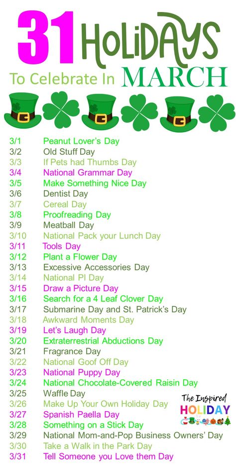 Celebrate all the wacky and silly March holidays with this handy guide. Celebrating the everyday is something that helps the people around you smile. So why not celebrate all the silly holidays throughout the year? March has draw a picture day, let's laugh day, national puppy day, WAFFLE DAY, Tell someone you love them day - I mean the March holidays are some of the BEST! You don't want to miss out on celebrating lifes moments with these great ideas. National Days In March 2023, Funny Holidays To Celebrate, Holidays In March 2023, March Holidays 2024, February Holidays 2023, March National Days 2024, National Fun At Work Day Ideas, National Day Ideas, March Calendar Ideas