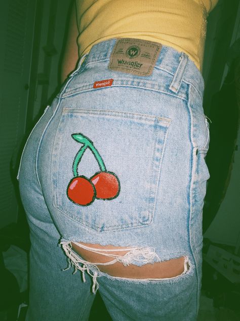 Painted cherry on jean pocket...rip on jean butt Paint Pocket Jeans, Jeans Back Pocket Design Paint, Painting Ideas On Jeans, Jean Painting Ideas Pocket, Painted Back Pocket Jeans, Back Pocket Painting Jeans, Painted Jeans Pocket, Jean Back Pocket Paint, Jean Pocket Painting