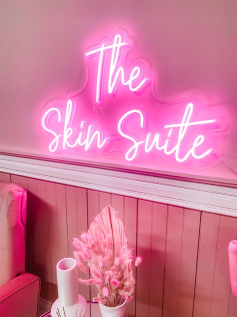 Spa Neon Sign, Pink Med Spa, Esthetician Room Pink, Pink Waxing Aesthetic, Pink Esthetician Room, Beauty Supply Store Design, Pink Salon Decor, Salon Suite Ideas, Lash Content