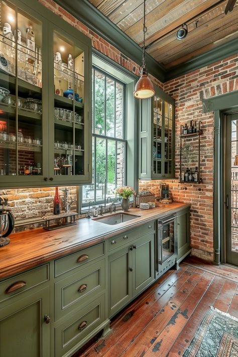 Green Cabinet With Brick Backsplash, Green Color Cabinets, Hunters Green Kitchen, Brick Kitchen White Cabinets, Farm Interior Design Ideas, Green Stained Wood Cabinets, Cozy Green Kitchen Aesthetic, Green Kitchen Cabinets Cabin, Brick And Green Kitchen