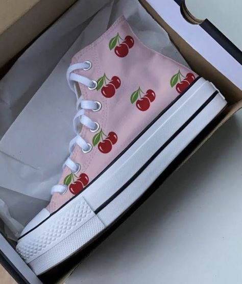 Aesthetic Converse Custom, Painted Converse Ideas, Fruit Converse, Converse Writing On Shoes Aesthetic, Cherry Blossom Converse, Cherry Converse, Painted Converse High Tops, Custom Painted Converse, Haert Converse