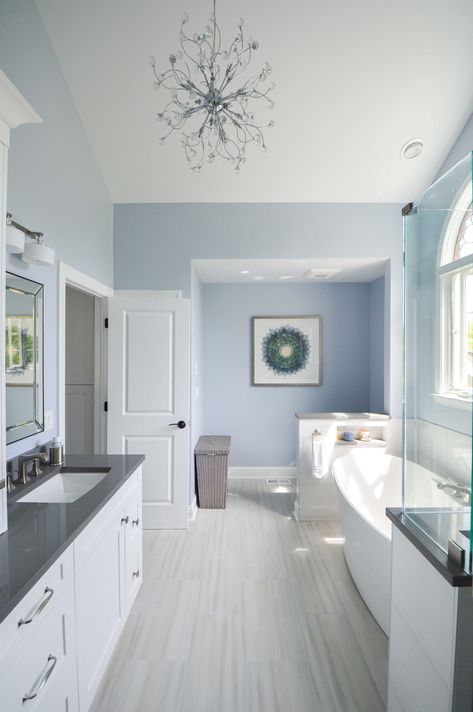 Light Blue Bathrooms Ideas, Pastel Blue Bathroom Ideas, Bathroom With Light Blue Walls, Bathroom Light Blue Walls, Soft Blue Bathroom Ideas, Pale Blue Bathroom Walls, Light Blue And Grey Bathroom, Bathroom Ideas Light Blue, Light Blue Bathroom Walls