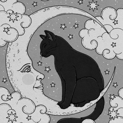 Cottagecore Cat, Black Cat Drawing, Gothic Drawings, Xmas Drawing, Black Cat Tattoos, Arte 8 Bits, Moon Drawing, Moon Painting, Cat Posters