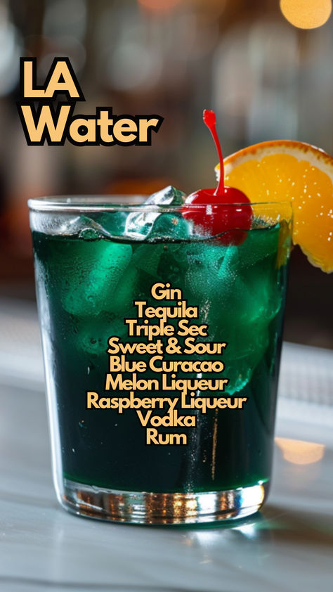 LA Water La Water Cocktail, Dark Green Cocktail, Strong Cocktails, Cocktail Drinks Alcoholic, Party Drinks Alcohol, Green Facade, Mixed Drinks Alcohol, Yummy Alcoholic Drinks, Liquor Drinks