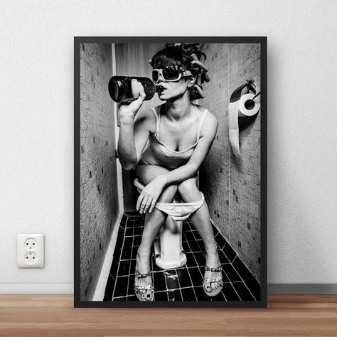 Toilet Humor Girl Drinking on Toilet Vintage Framed Print | Etsy India Toilet Humor, Monochromatic Palette, Bathroom Art, Bathroom Wall Art, Photographic Art, Black And White Photographs, Black & White, Party Girls, White Photography