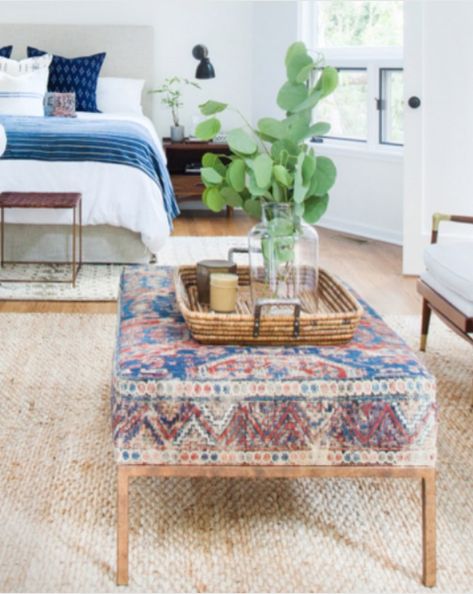 Inspired By Kilim Rugs - The Honeycomb Home Over Ottoman Coffee Table, Ottoman As Coffee Table, Ottoman Inspiration, Diy Ottoman Coffee Table, Upholstered Coffee Tables, Coffee Table Rug, Diy Ottoman, Amber Lewis, Ottoman Coffee