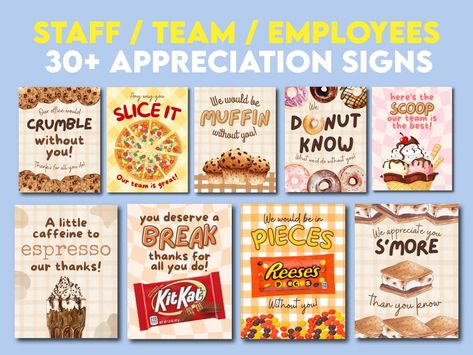 30 Staff Appreciation Signs, Employee Snack and Candy Treat Signs, Break Room Staff Appreciation PTO PTA Gift, Team Appreciation Treat Tags Recognizing Employees Staff Appreciation, Food Service Workers Appreciation, Employee Appreciation Gifts Tidylady Printables, Candy Puns For Work, Employee Birthday Board, Employee Appreciation Gifts Cheap, Associate Appreciation Ideas, Employee Appreciation Gifts Morale Boosters, Work Gifts Employee Appreciation