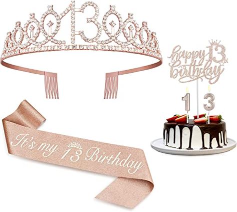 Amazon.com: 13th Birthday Decorations for Girls,13th Birthday Sash,Crown/Tiara,Candles,Cake Toppers.13th Rose Gold Birthday Gifts for Girls,Rose Gold Birthday Decorations,13 Year Old Official Teenager Happy Birthday Decorations : Home & Kitchen 21st Birthday Crown, 65 Birthday Decorations, 25 Birthday Decorations, 21st Birthday Sash, 80th Birthday Party Decorations, 90th Birthday Decorations, Birthday Decorations For Women, 80th Birthday Decorations, 70th Birthday Decorations