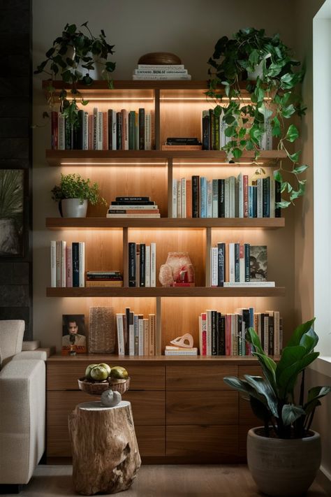 Elevate your home library by placing books on lighted wooden shelves. Add potted plants and natural décor to create a serene and stylish reading nook. #BookshelfGoals #IlluminatedShelves #HomeLibraryInspo #WoodenShelves #NatureInspiredDecor #BookLoversHaven #GreeneryAndBooks #StylishStorage #HomeDesignIdeas #CozyReadingSpace Study Shelves Bookshelves, Beautiful Bookshelf Design, Home Office Bookcase Decor, Full Wall Shelf Ideas, Stained Floating Shelves Living Room, Bookshelves Styling With Books, Bookshelf Bedroom Wall, Simple Wooden Bookshelf, Wall Book Display