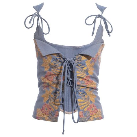 Vivienne Westwood blue silk jacquard lace-up corset, ss 1996 | From a unique collection of rare vintage Corsets at https://www.1stdibs.co.uk/fashion/clothing/lingerie/corsets/. Green Playsuit, White Lace Corset, Ribbed Knit Bodysuit, Leather Bustier, Quoi Porter, Diy Vetement, Knit Bodysuit, Mode Inspo, Blue Silk