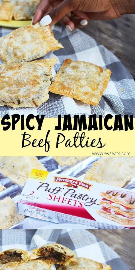 Jamaican Beef Patties - Ev's Eats Puff Pastry Beef Patties, Puff Pastry Empanadas Beef, Grenadian Food, Jamaican Patties, Jamaican Beef Patties, Jamaican Patty, Savoury Pies, Puff Pastry Filling, Puff Pastries