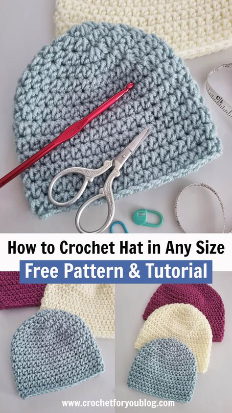 How to Crochet Hat in Any Size - free pattern & tutorial Crochet Hats Free Pattern Size 4 Yarn, Bottom Up Crochet Hat Free Pattern, Crochet Hat In The Round, Crochet A Beanie For Beginners, Easy Crochet Hats For Beginners, Crochet Hats Free Pattern Easy, Easy Crochet Hat Pattern Free, Crochet Frozen, Basic Crochet Hat